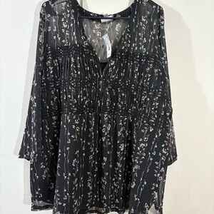 Avenue Black Mesh Smocked Bust Floral Blouse Sz 26/28 V-neck 3/4 Sleeve Lined